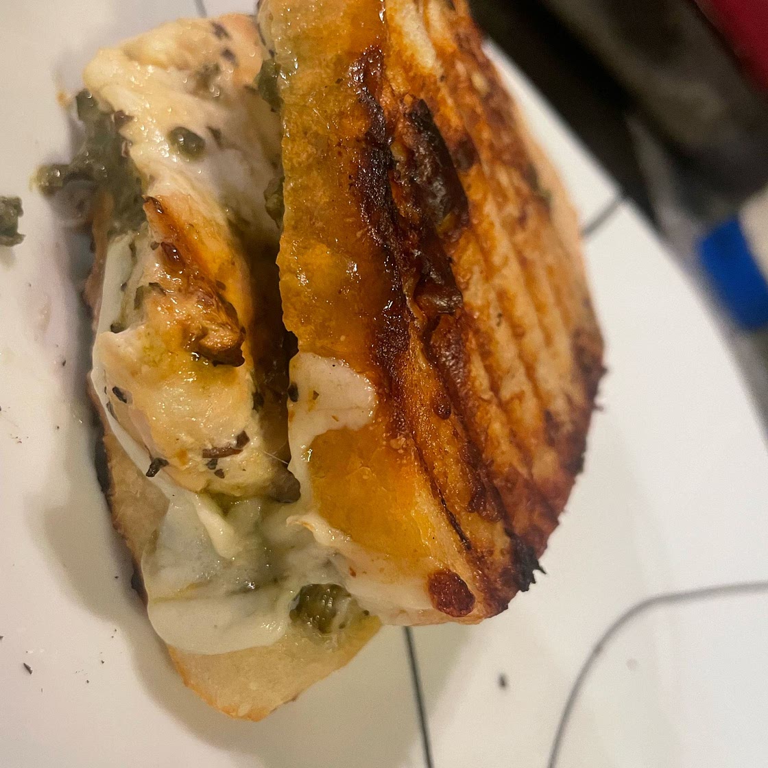 Pesto Chicken Melt on Crispy Parm-Grilled Sourdough