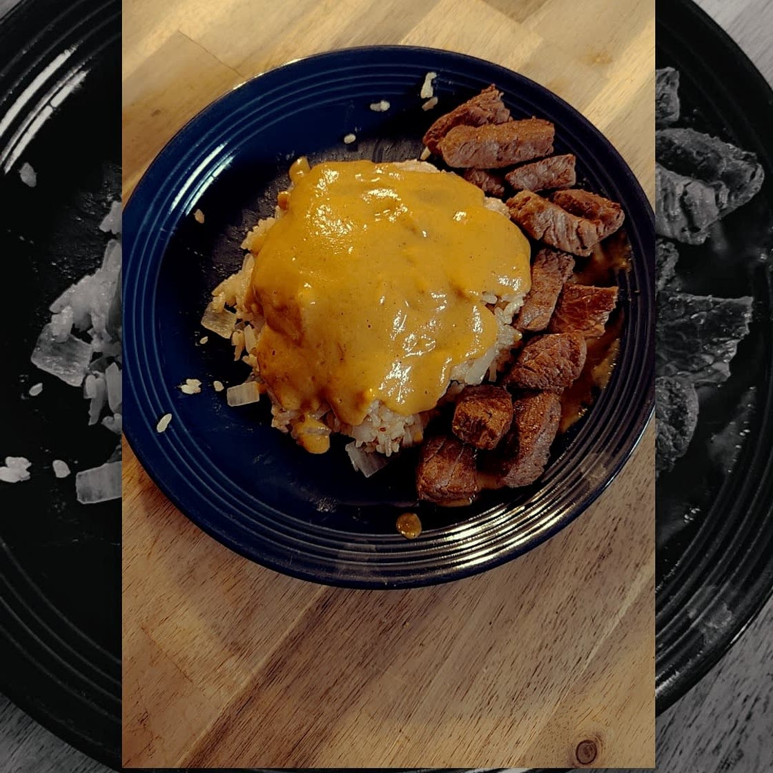 Jalapeño fruit sauce Rice and Steak