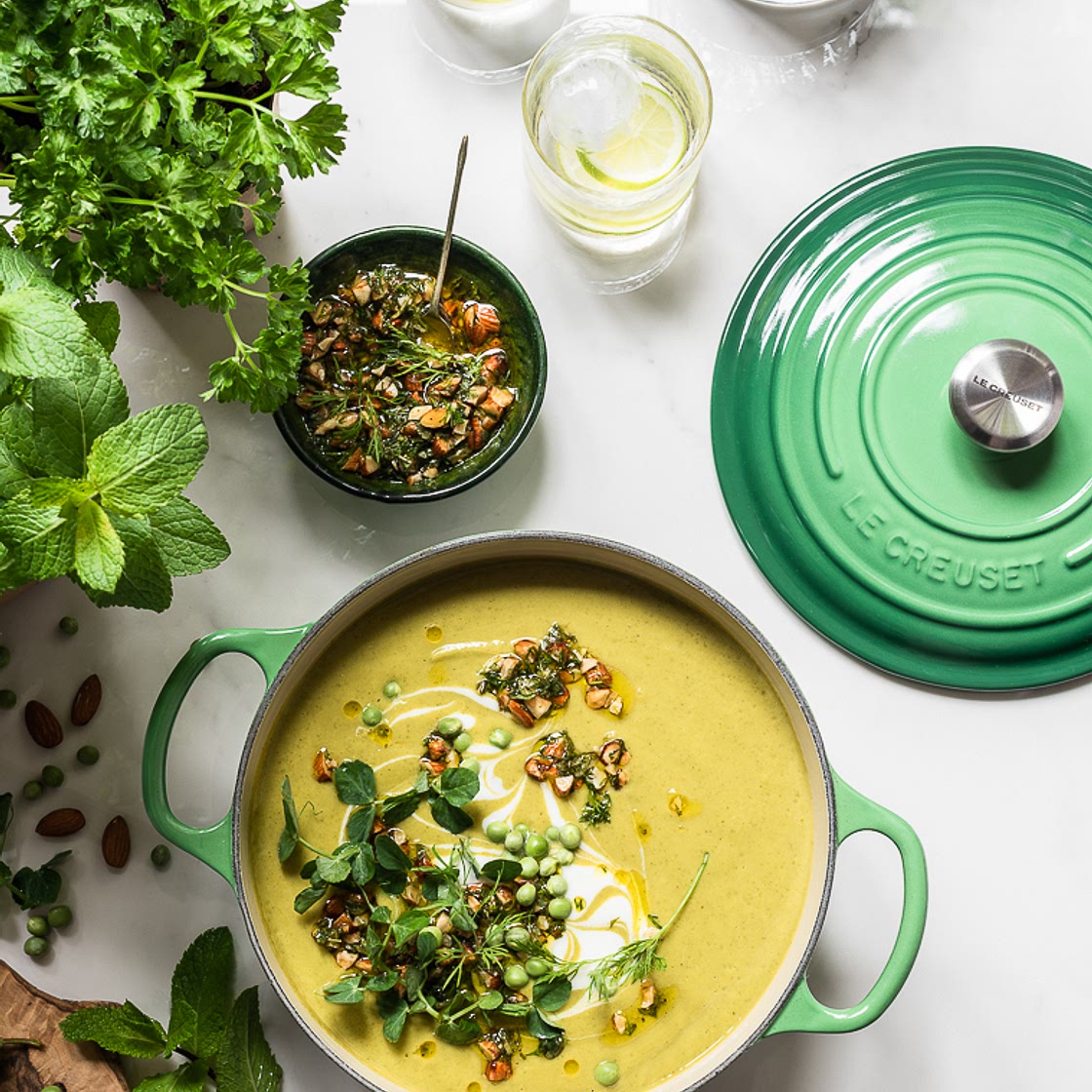 Pea and Zucchini Soup with Minted Almond Salsa