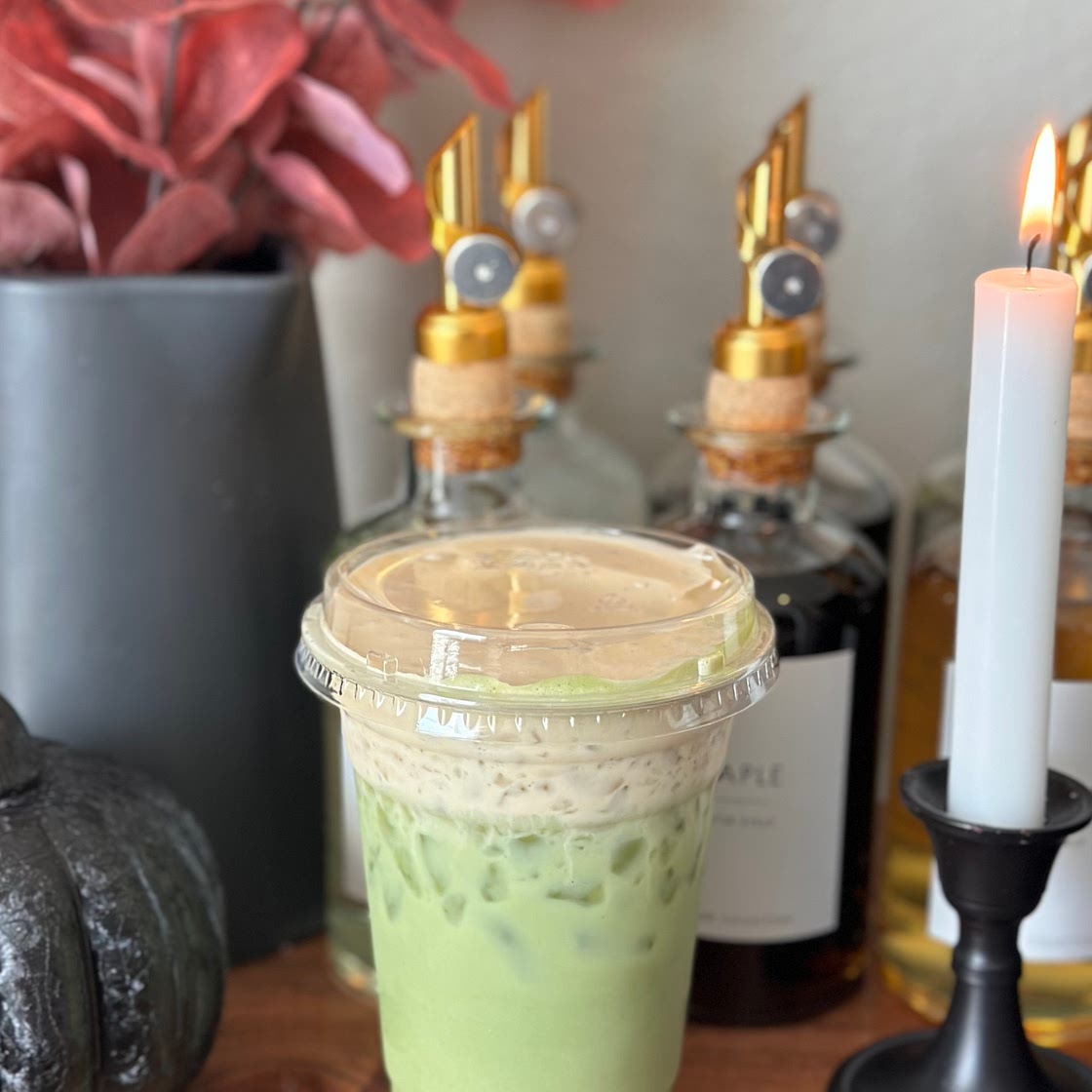 Matcha latte with pumpkin cold foam