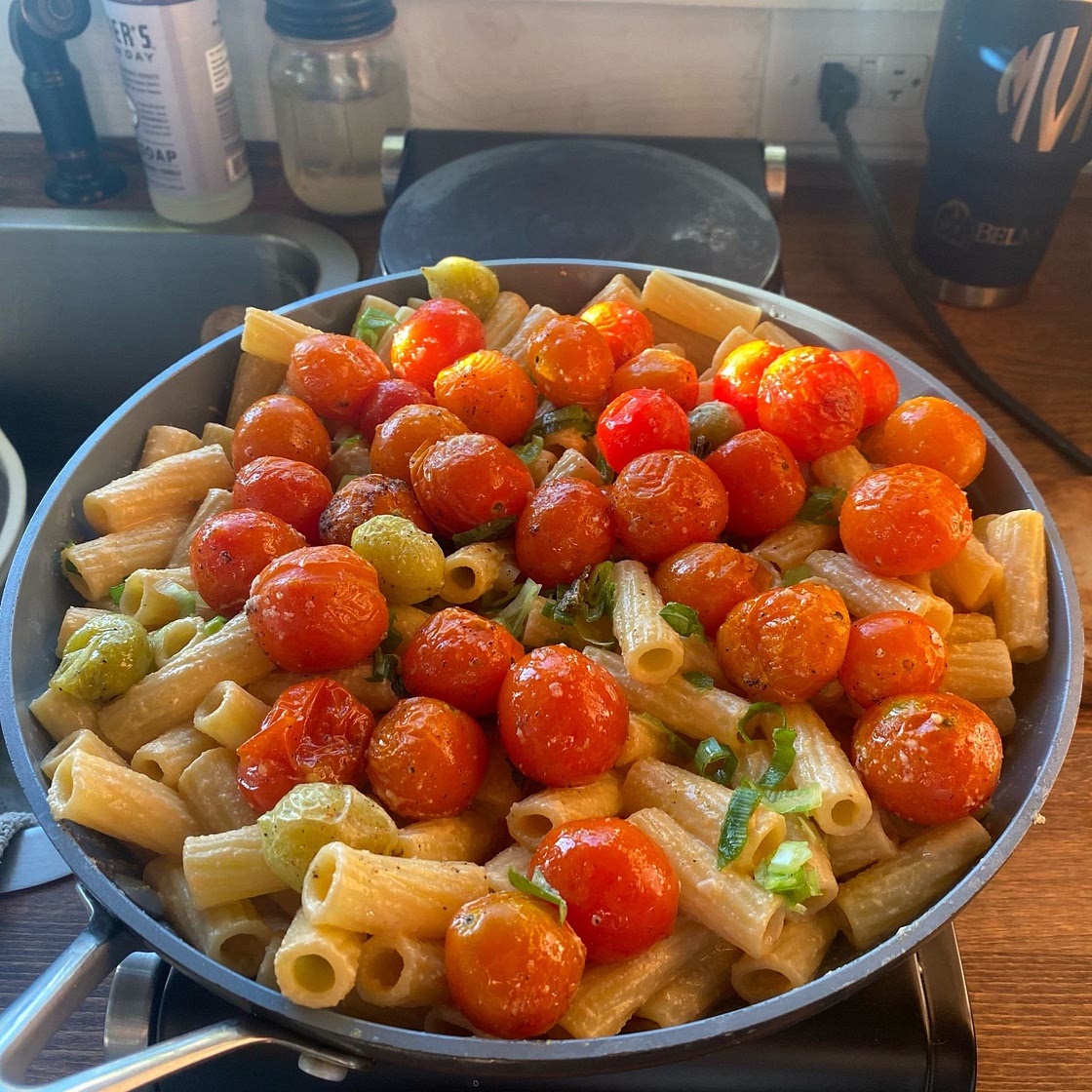 Creamy Red Pepper Pasta with Blistered Tomatoes