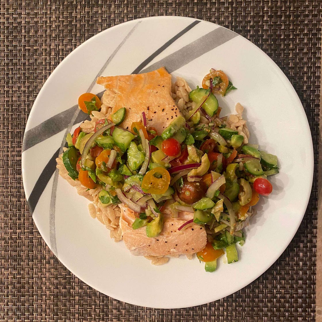 Grilled Salmon with Avocado Greek Salsa and Orzo