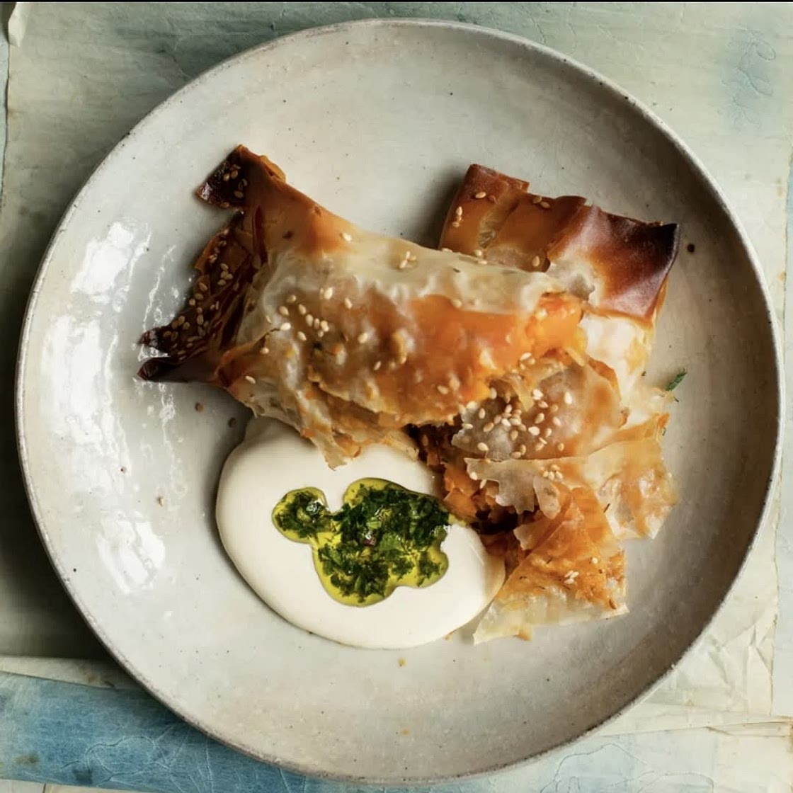 Sauerkraut, sweet potato and filo rolls