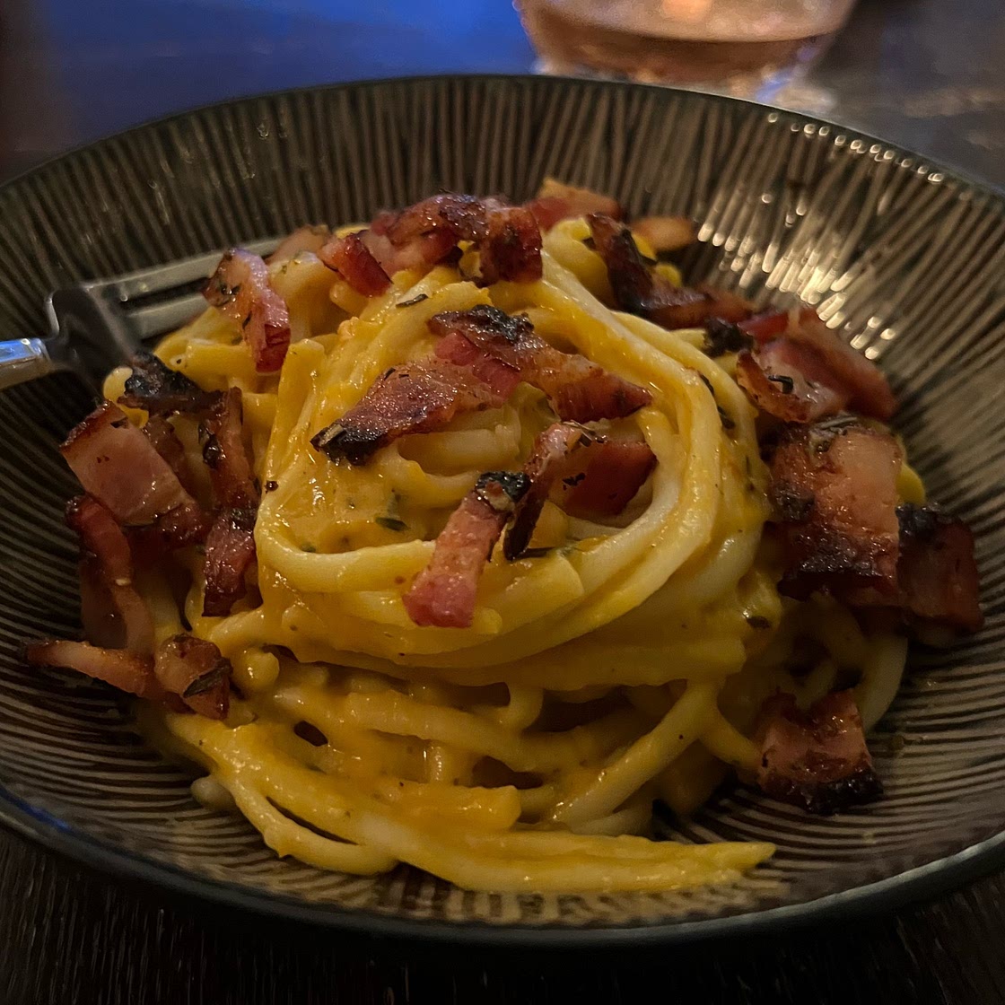 Butternut Squash Pasta Carbonara with Rosemary Bacon