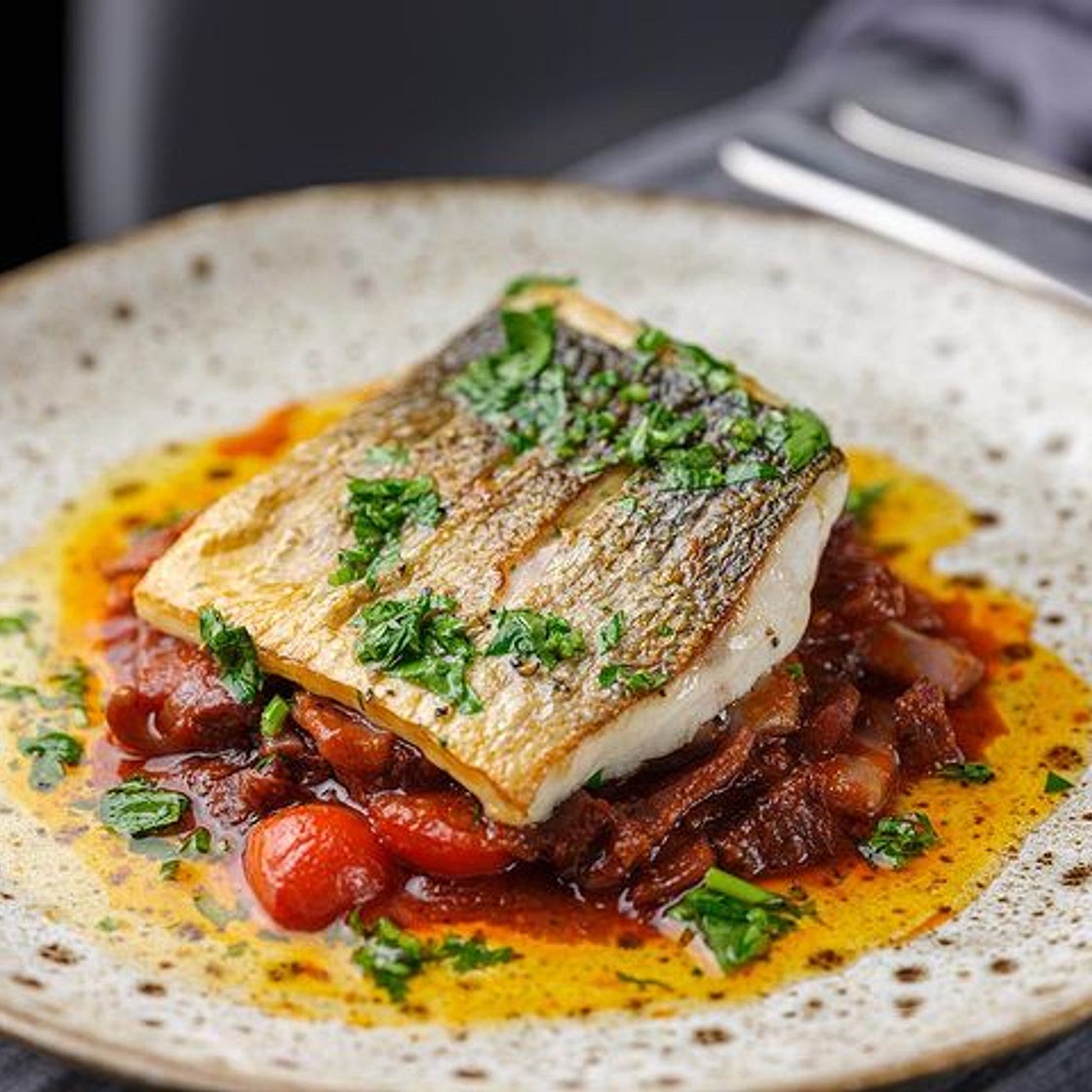 SEA BASS WITH SQUID AND CHORIZO RAGU 🐟