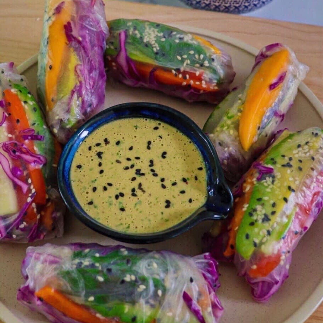Sweet Potato Rainbow Spring Rolls with tahini sauce