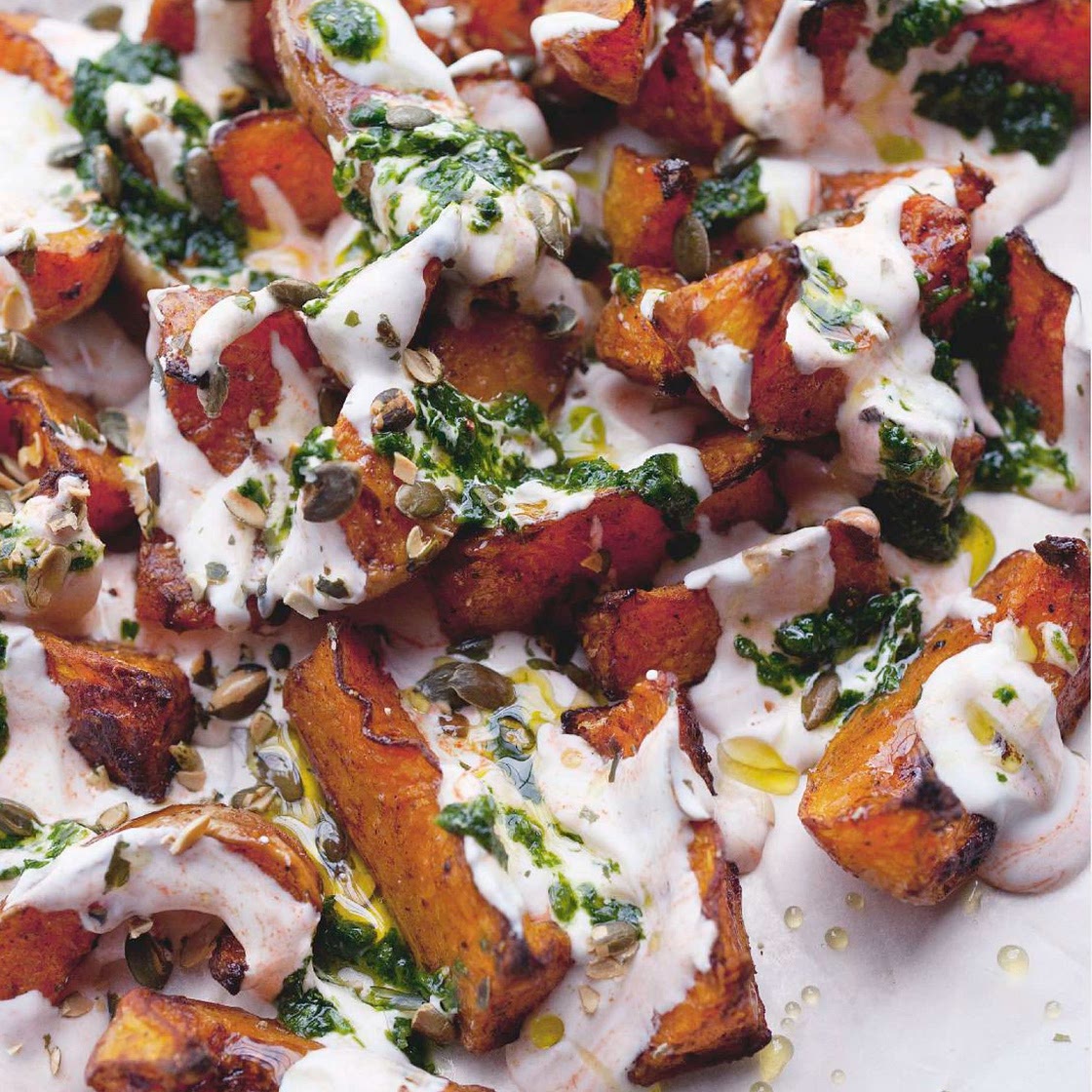 Roasted squash with chilli yoghurt and coriander sauce Ottolenghi