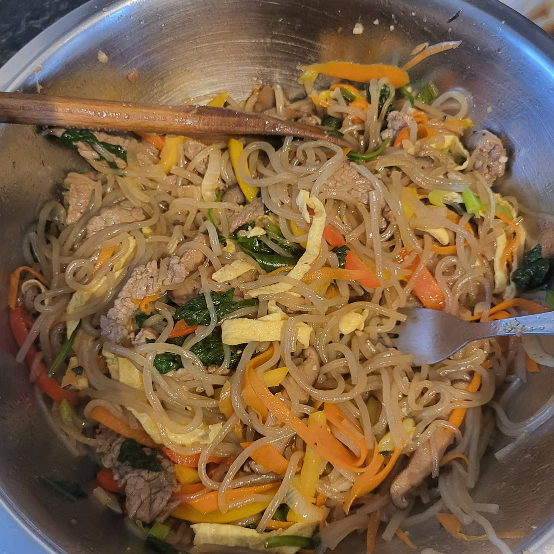 Japchae (Sweet potato starch noodles stir fried with vegetables)