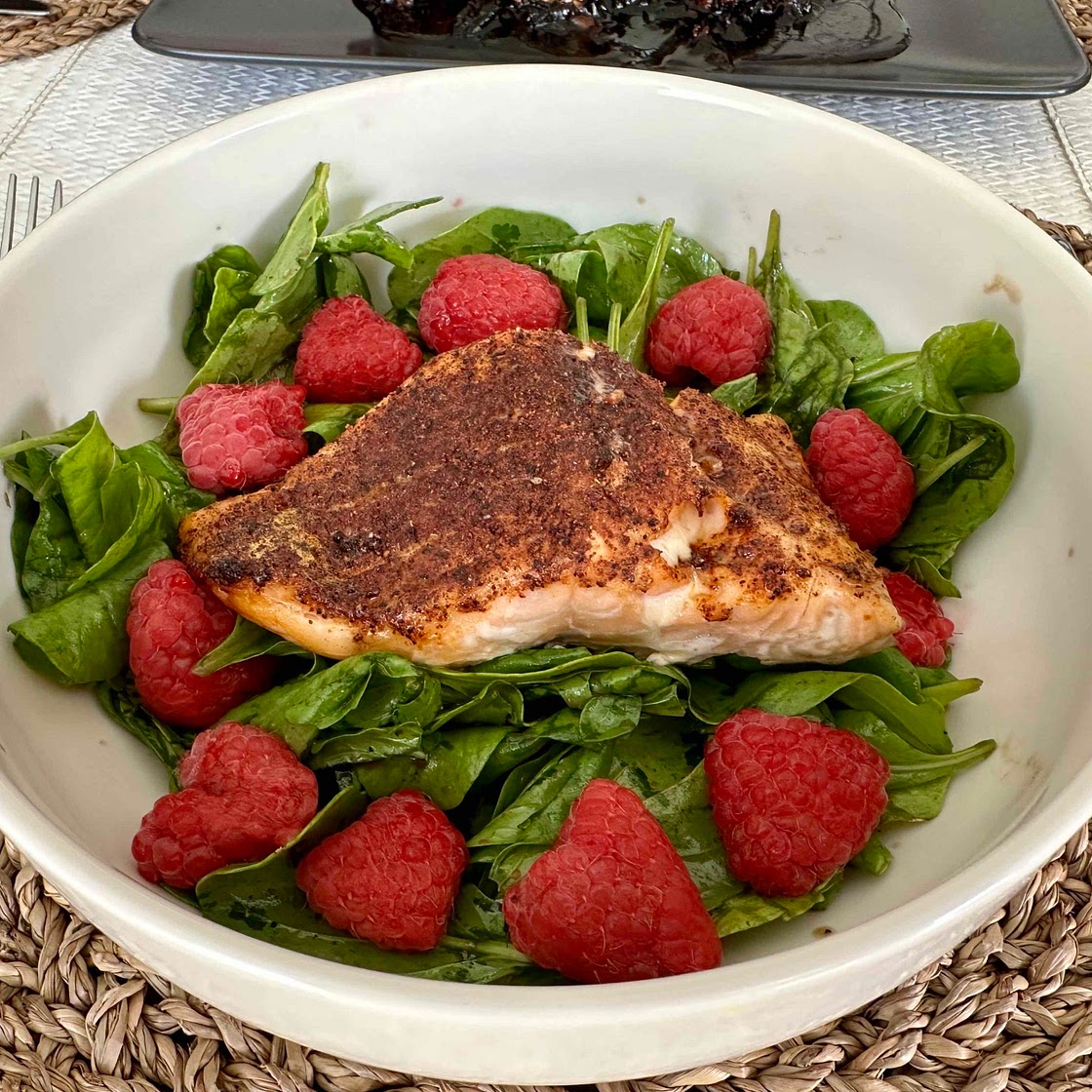 Air Fryer Salmon With Arugula-Berry Salad