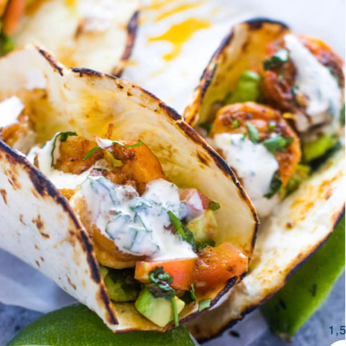 Spicy shrimp tacos with avocado