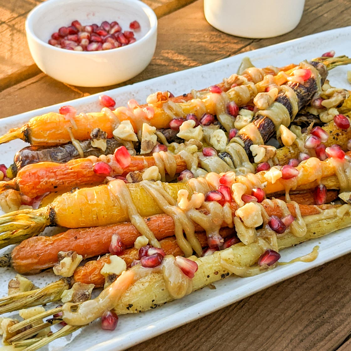Roasted Rainbow Carrots with Maple Tahini Drizzle