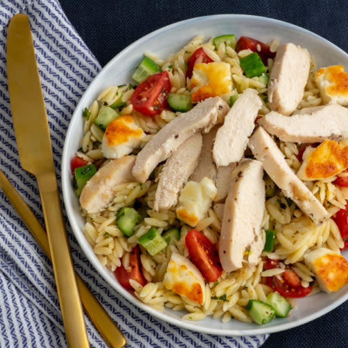 Greek Orzo Salad with Halloumi and Chicken