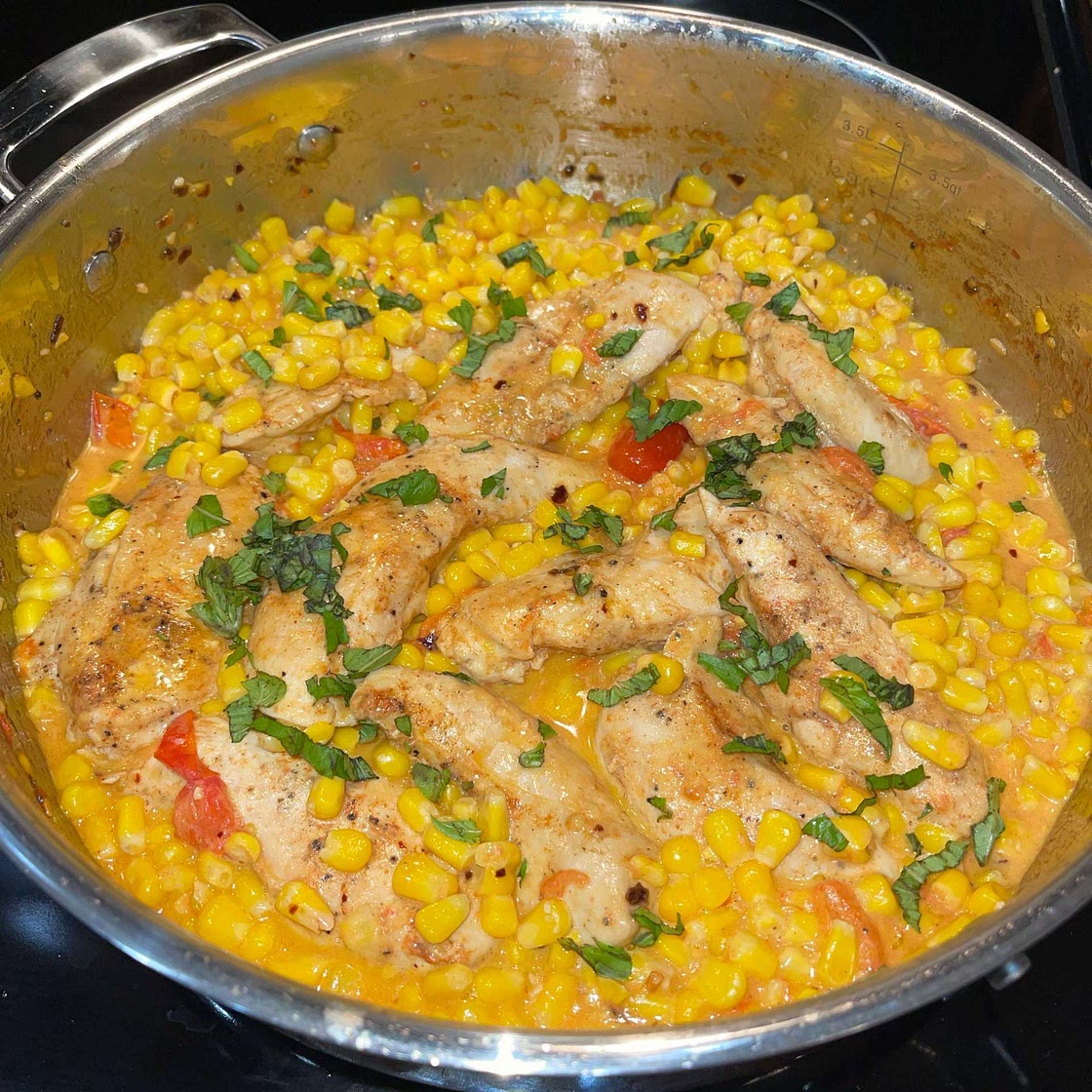 30-Minute Creamy Chicken, Corn and Tomato Skillet