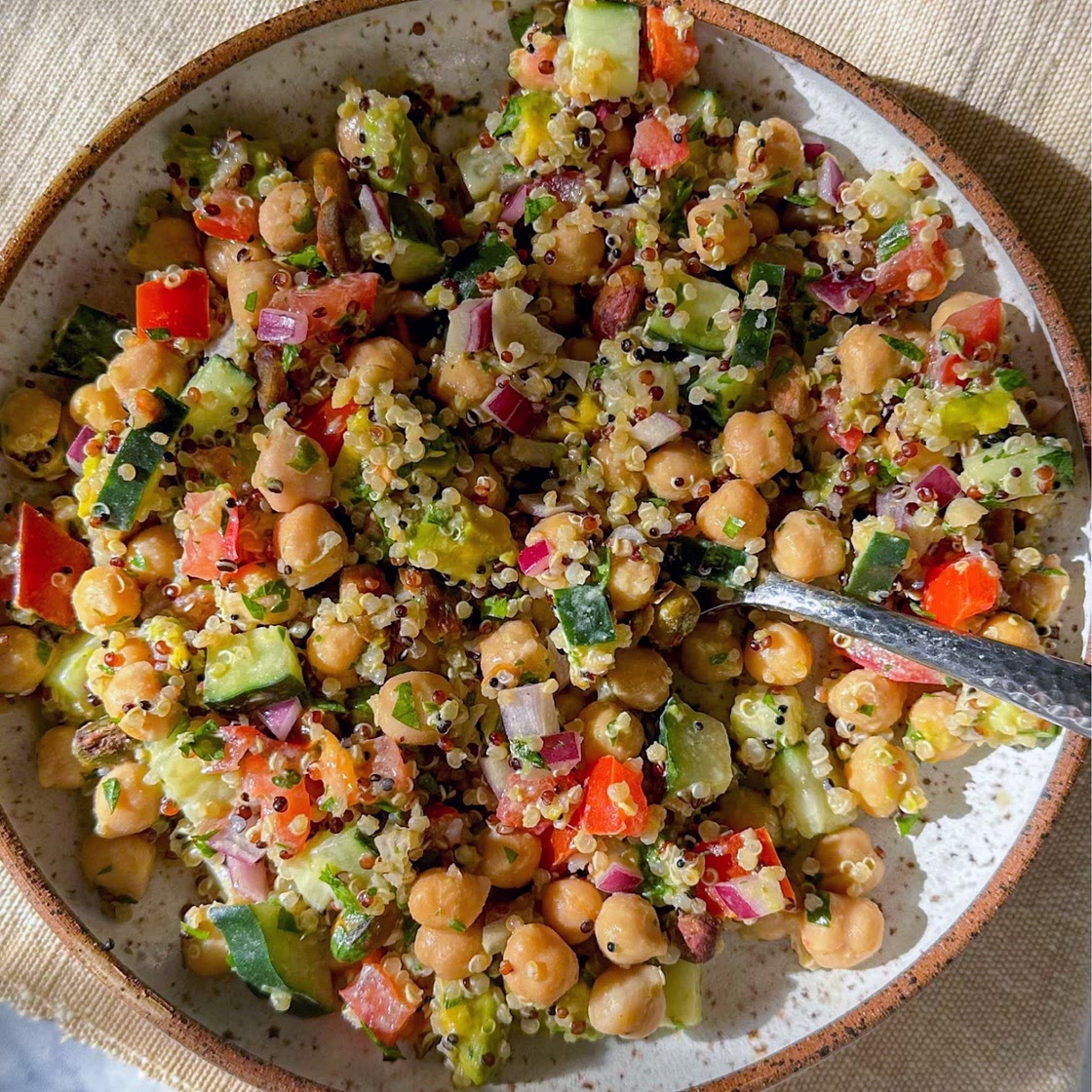 15 min Chickpea Quinoa Salad with cumin tahini dressing