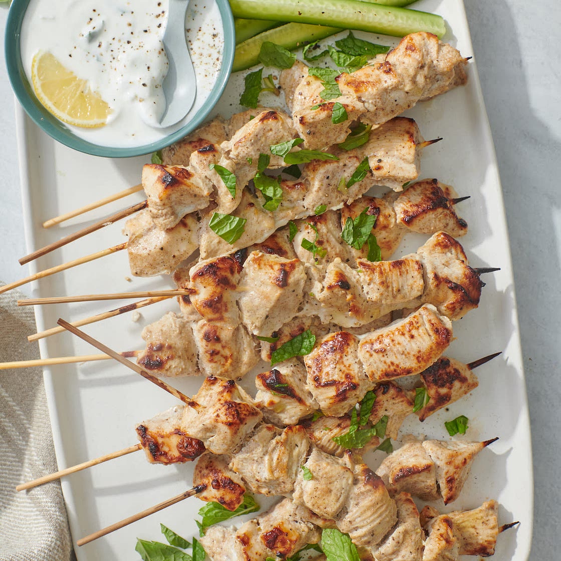 Chicken Tikka Skewers with Cucumber Mint Salad
