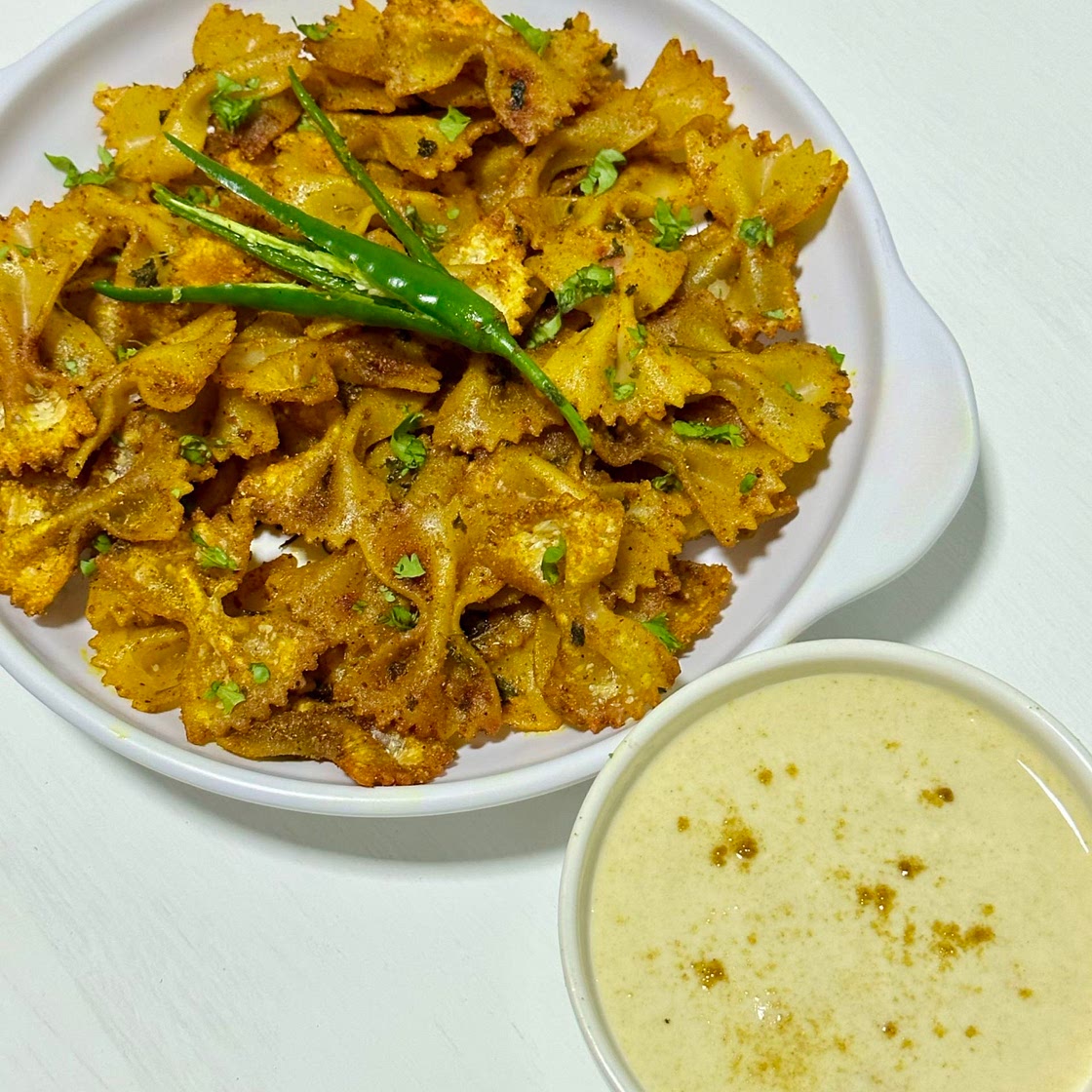 Air Fryer Masala Farfalle Chips with Cumin Yogurt Dip