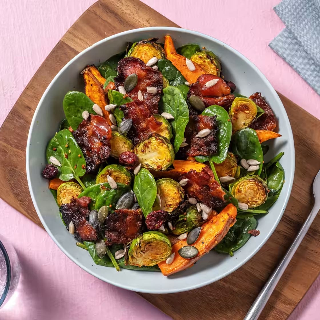 Maple-Glazed Bacon Salad with Roasted Veggies and Maple-Mustard Dressing