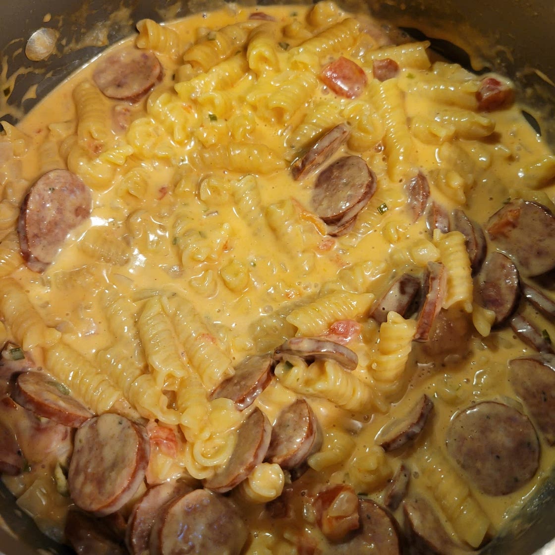 One Pan Cheesy Smoked Sausage Pasta Skillet