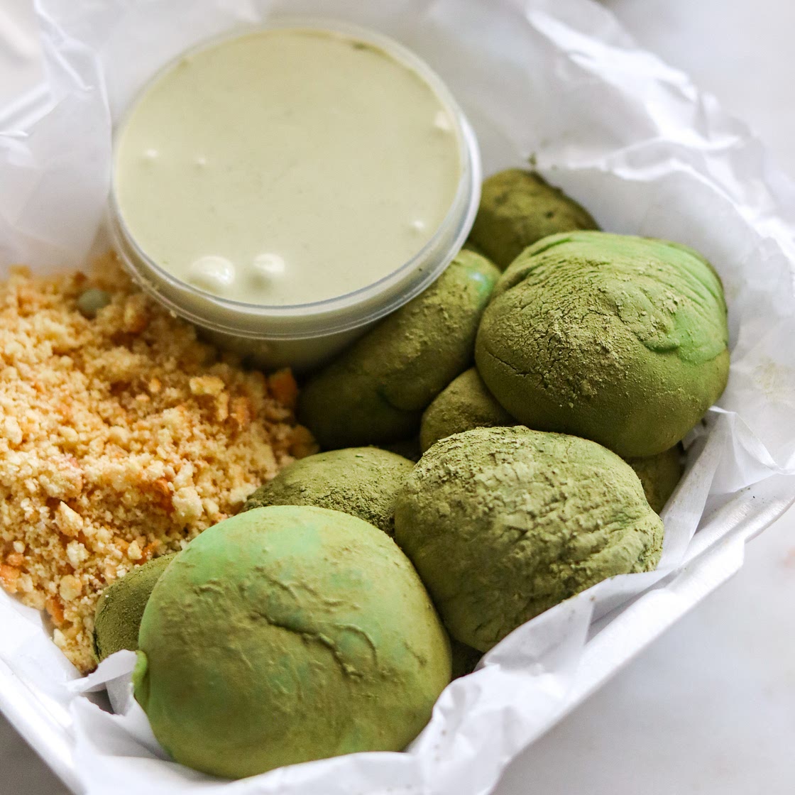 Matcha Mochi Bites with Matcha Cream Sauce