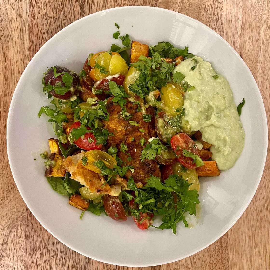 Cajun Cod with Roasted Sweet Potatoes and Avocado Cream