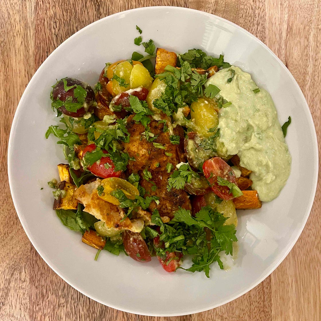 Cajun Cod with Roasted Sweet Potatoes and Avocado Cream