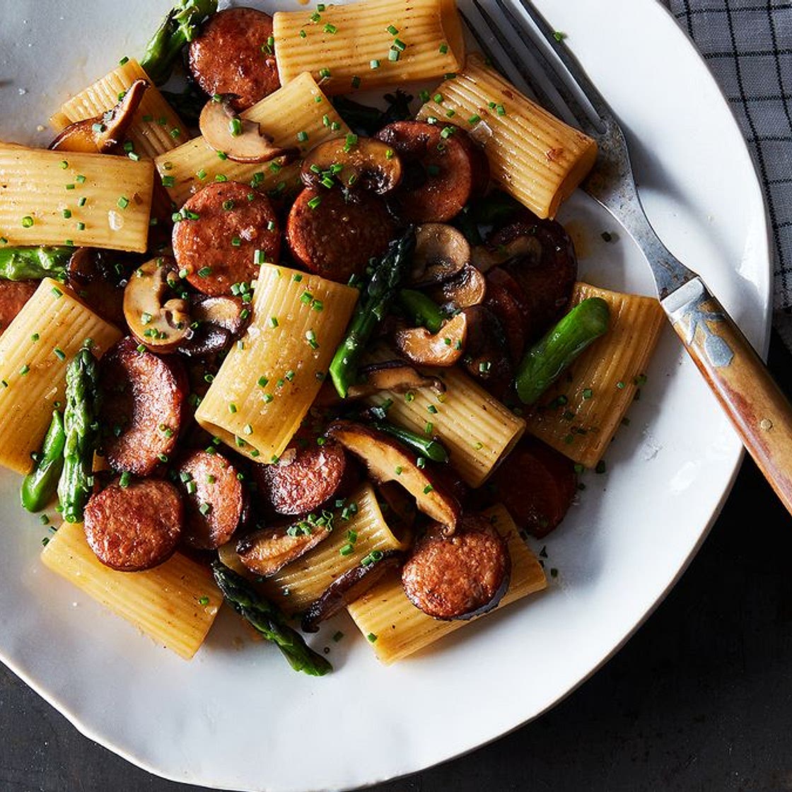 Rigatoni with Chorizo, Wild Mushrooms and Asparagus