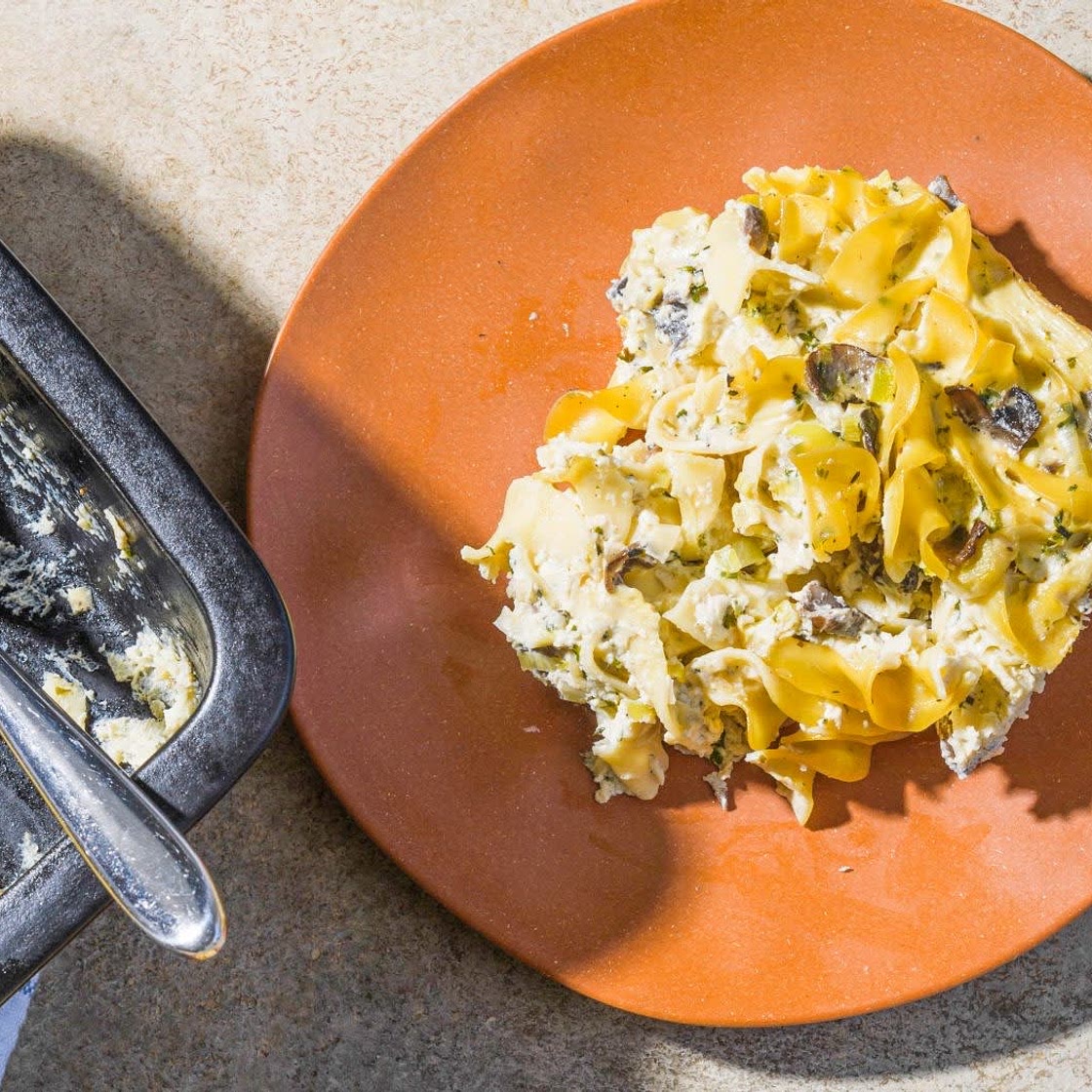 Noodle Kugel w/ leeks, mushrooms & goat cheese