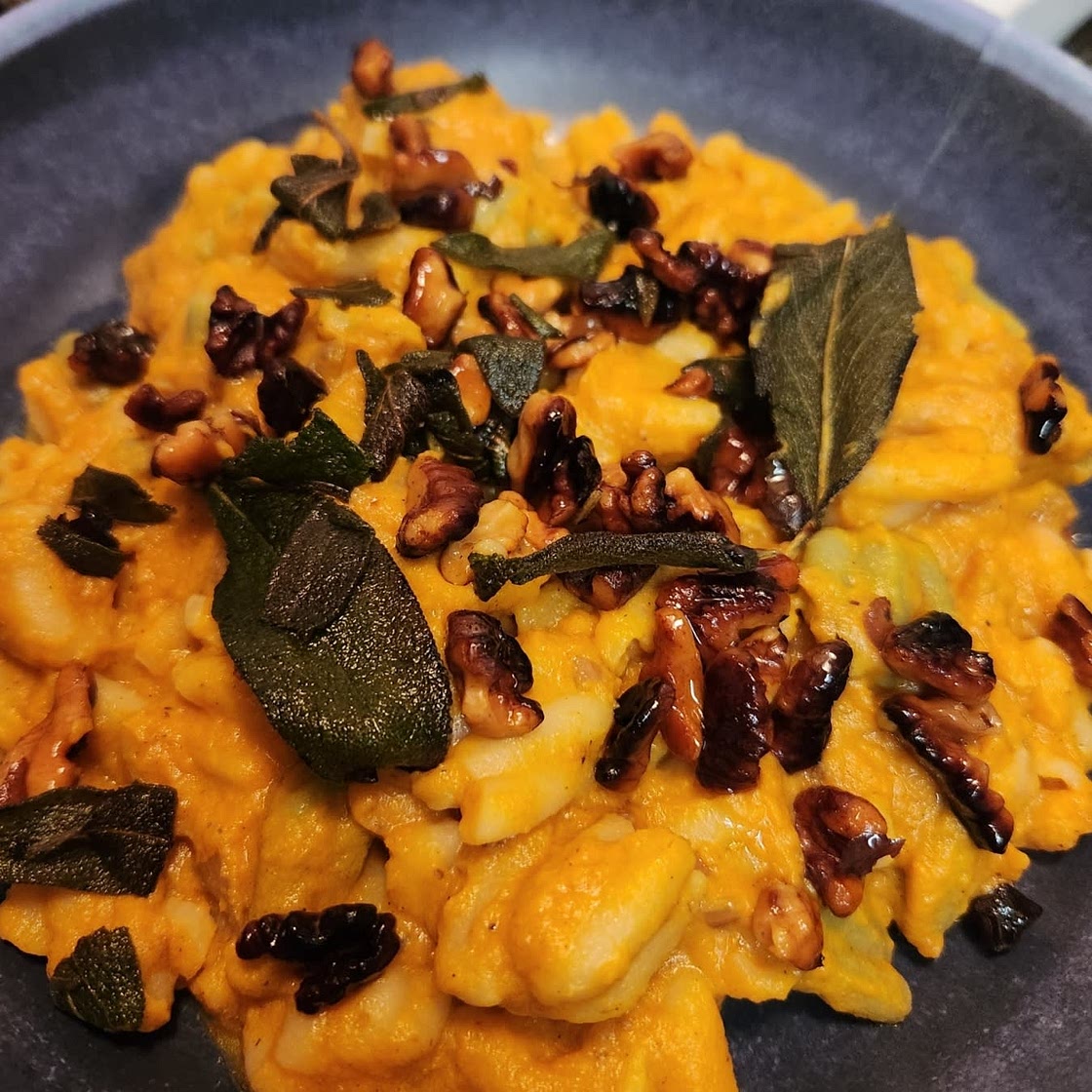 Creamy Pumpkin Pasta with Sage Walnuts
