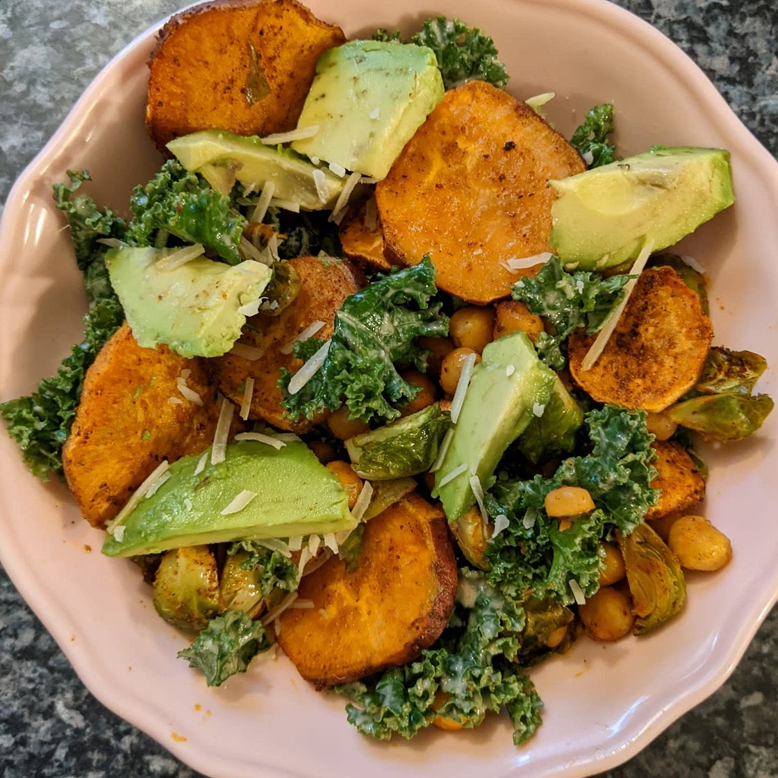 Kale Caesar Salad with Sweet Potatoes and Crispy Chickpeas