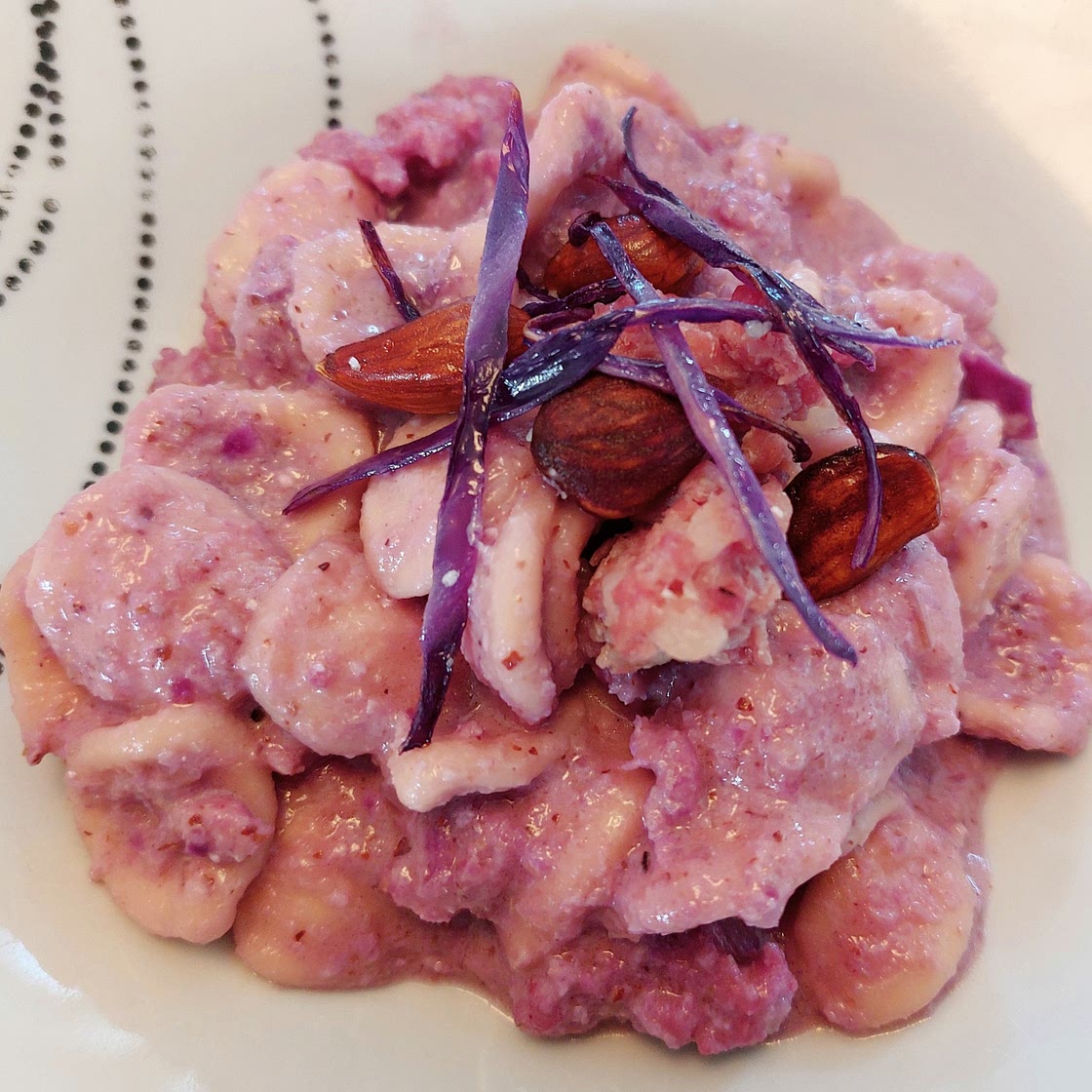 Pasta - Purple cabbage pesto, almonds, and sausage.