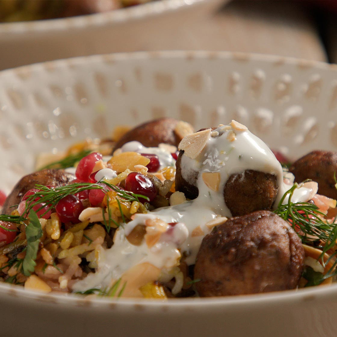 Spicy Meat-Free Meatballs with Jewelled Rice