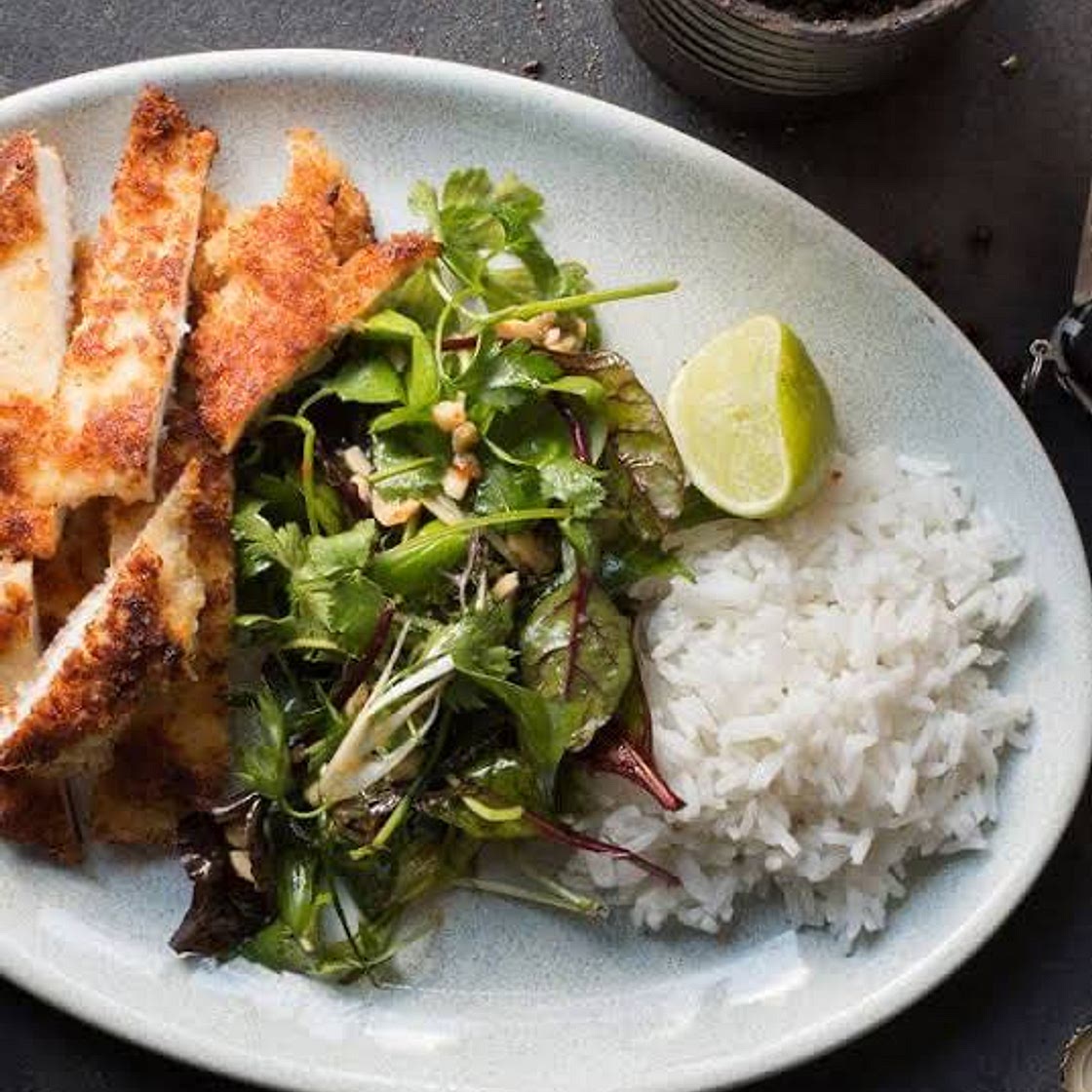 Chicken schnitzel with rice and veggies 
