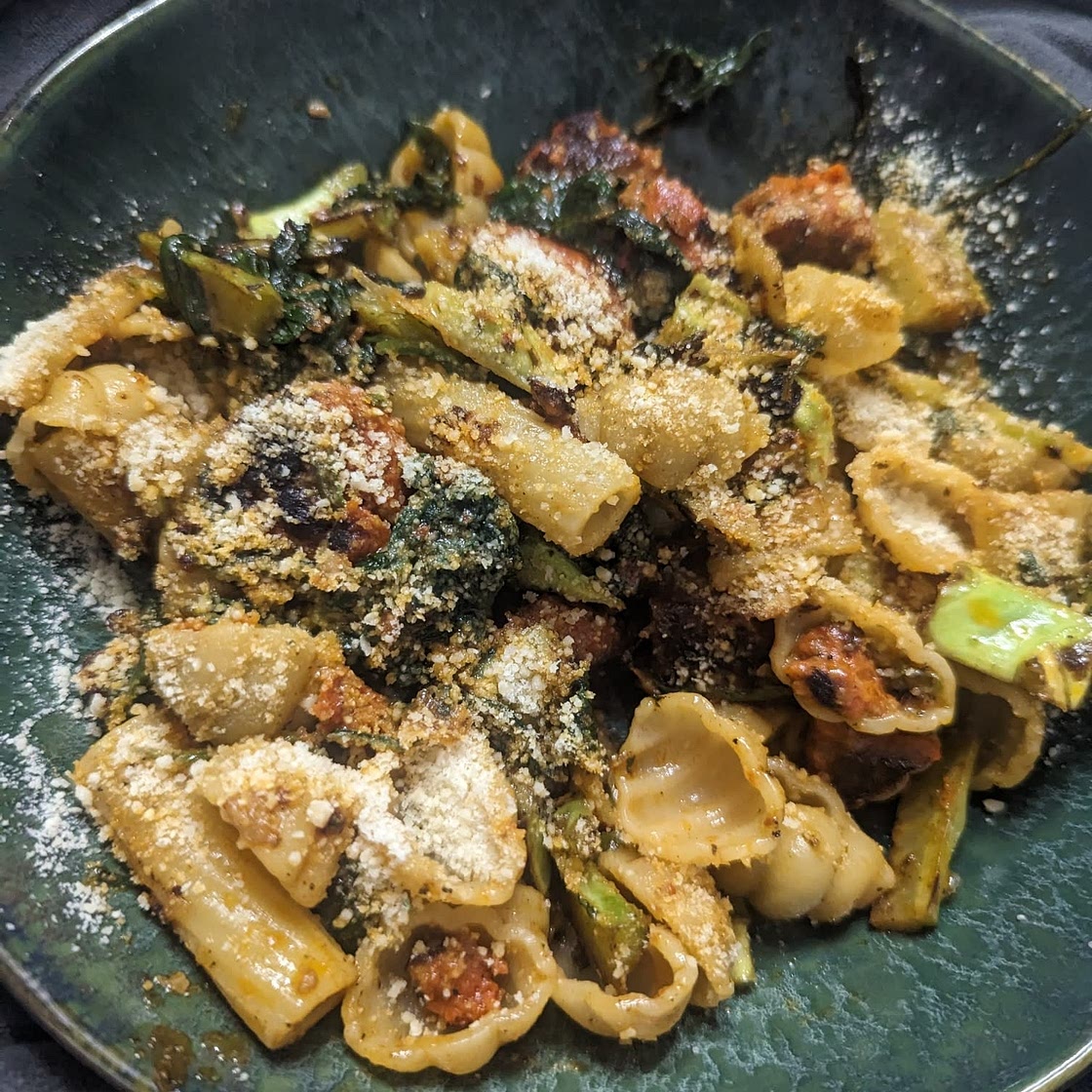 Chorizo and broccoli stalk pasta
