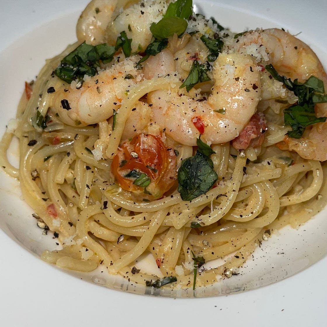 Prawn/Shrimp Pasta with Mascarpone, Garlic Chilli and Basil 