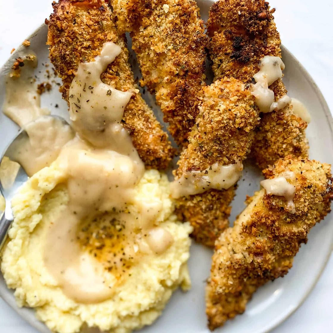 Baked Chicken Tenders with Broccoli and Cauliflower Mash