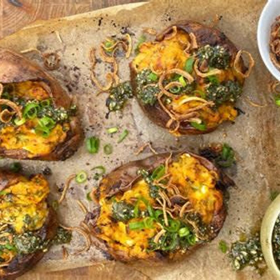 Twice baked feta potatoes with za'atar pesto