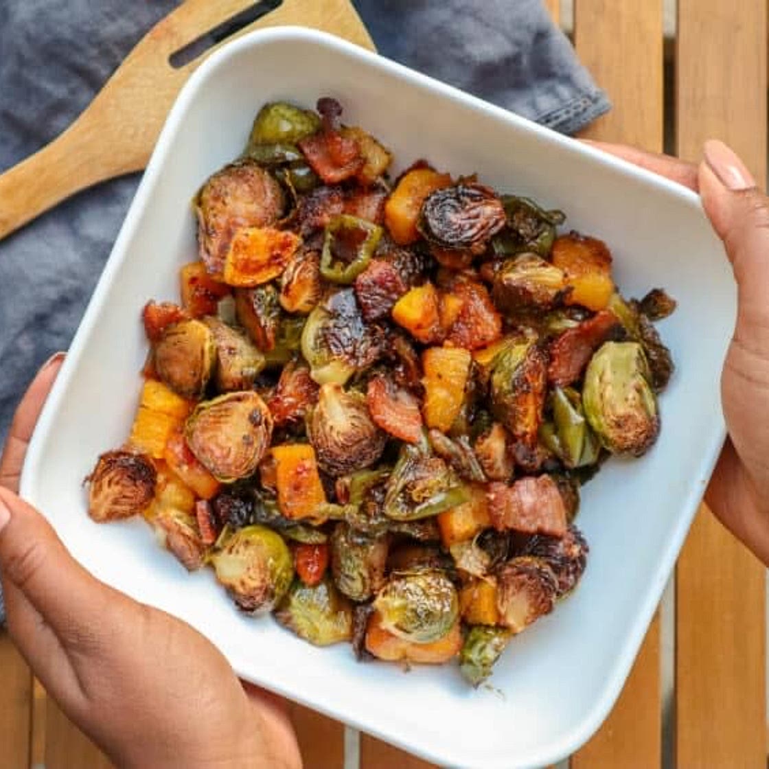 Maple Soy Brussel Sprouts & Butternut Squash with Bacon 