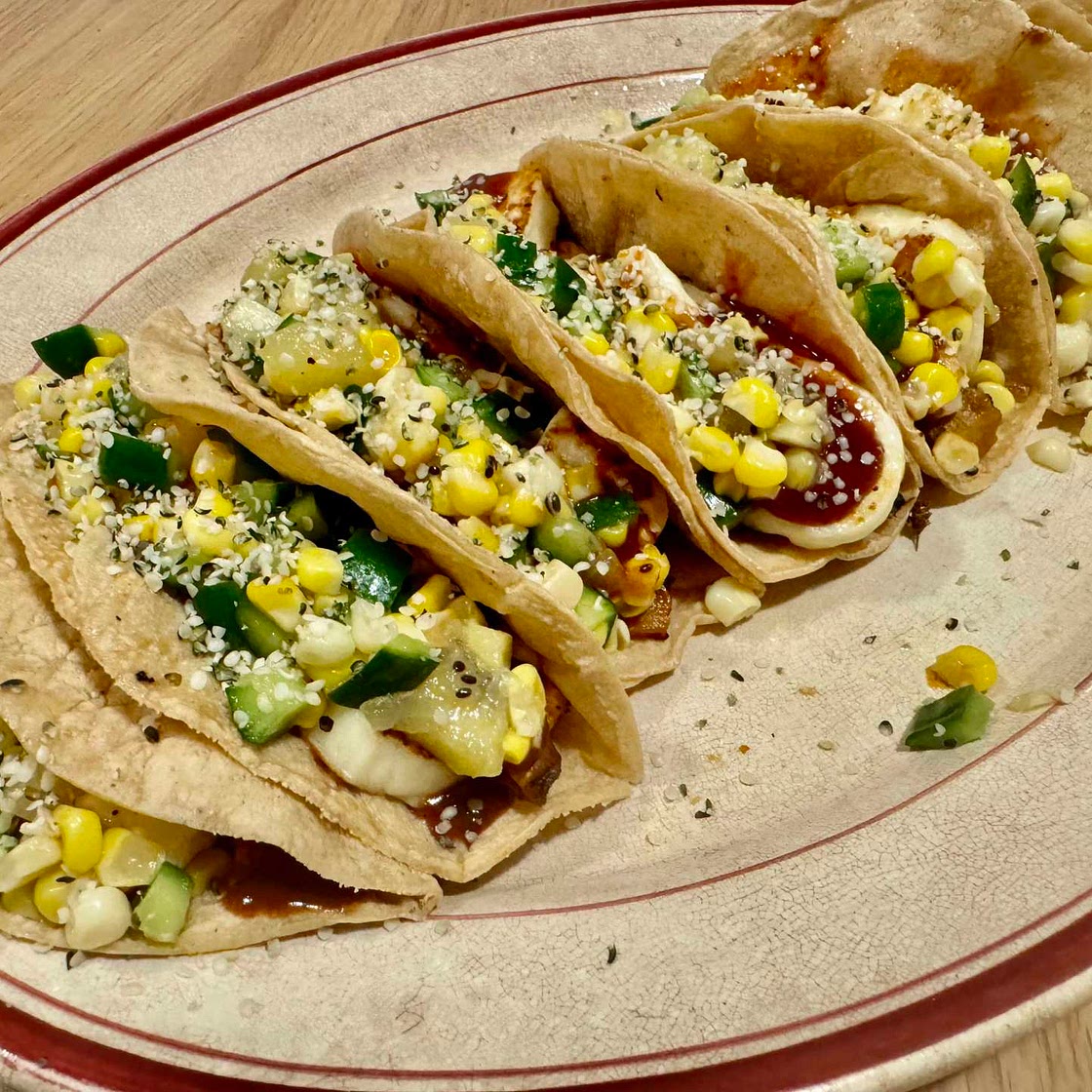 113. Sweet Potato and Halloumi Tacos with Kiwi Fruit Salsa