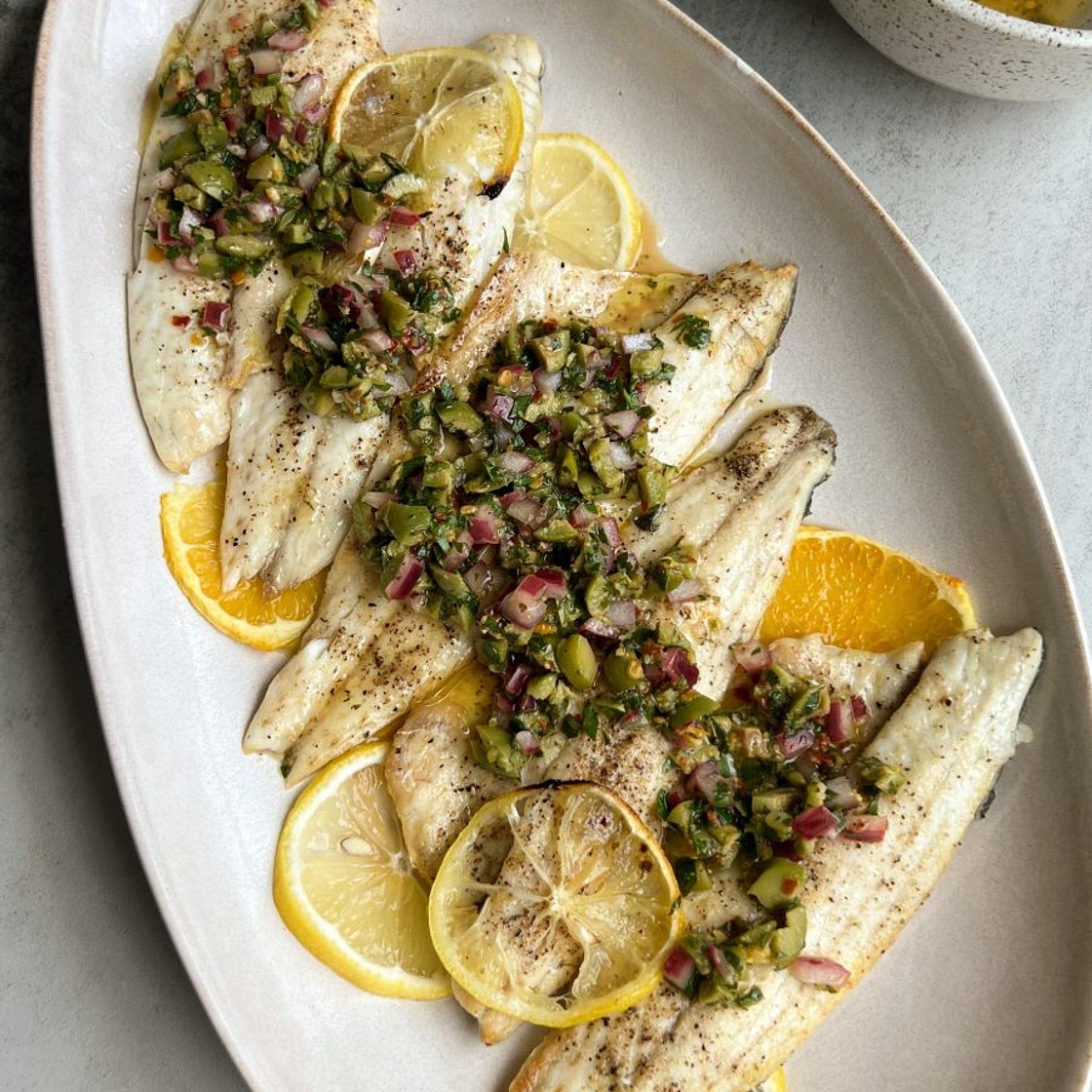 Branzino with Citrus Olive Salsa