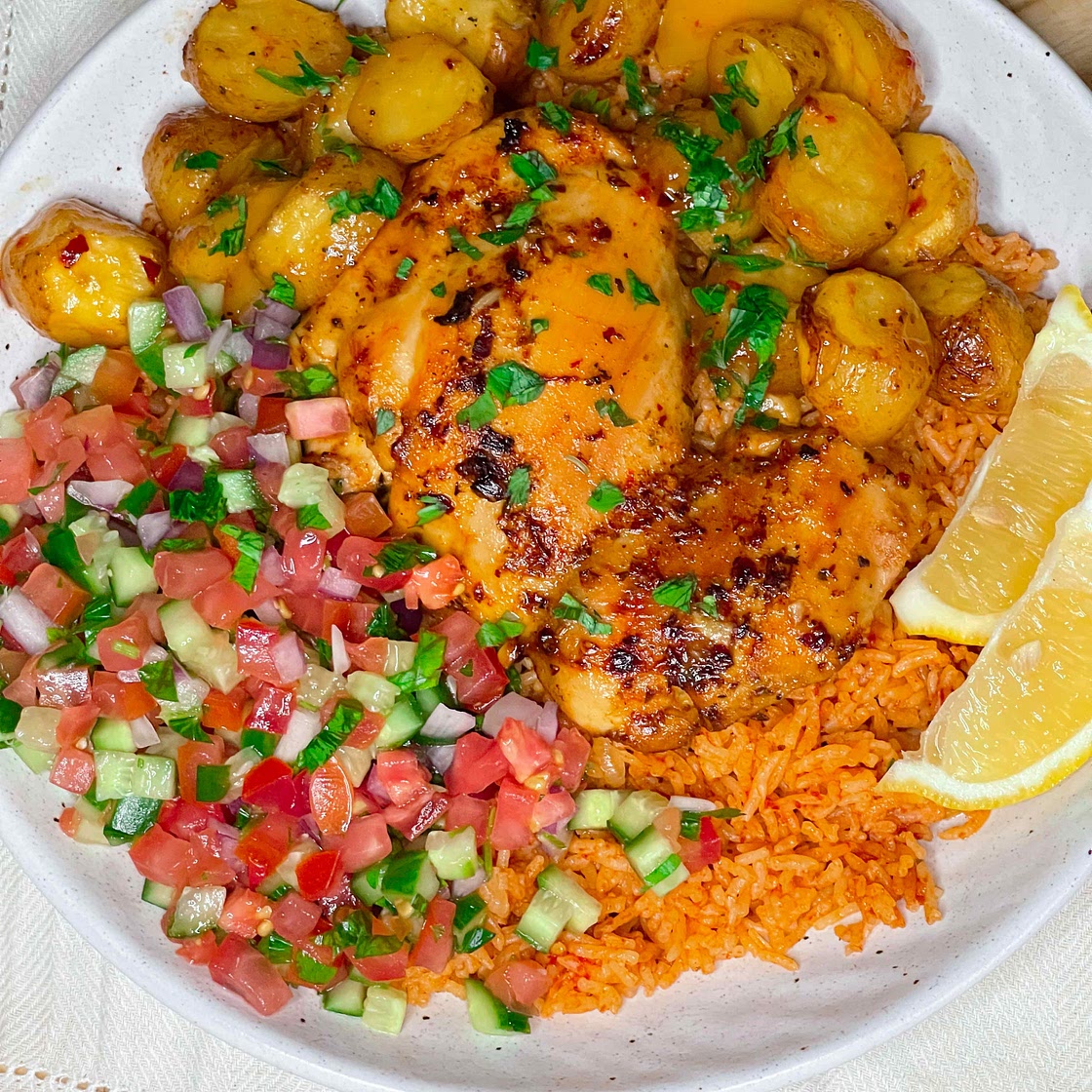 Chicken & potatoes, red rice & chopped salad