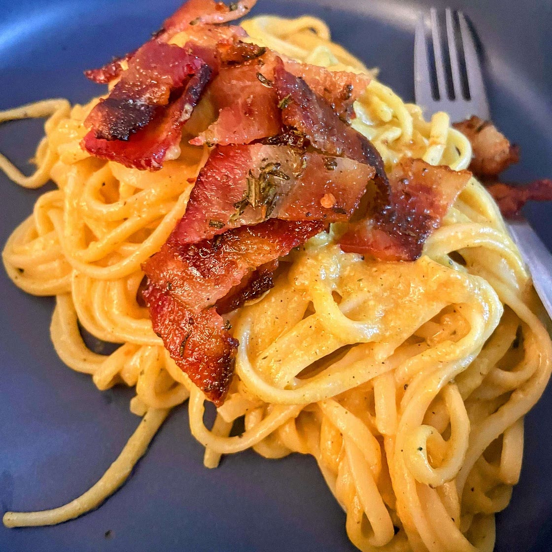 Butternut Squash Pasta Carbonara with Rosemary Bacon