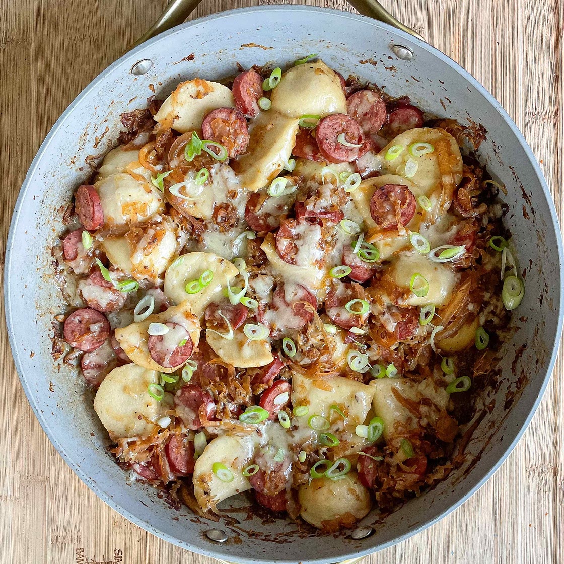 Kielbasa, Pierogies & Sauerkraut Bake - Stovetop and Oven Method