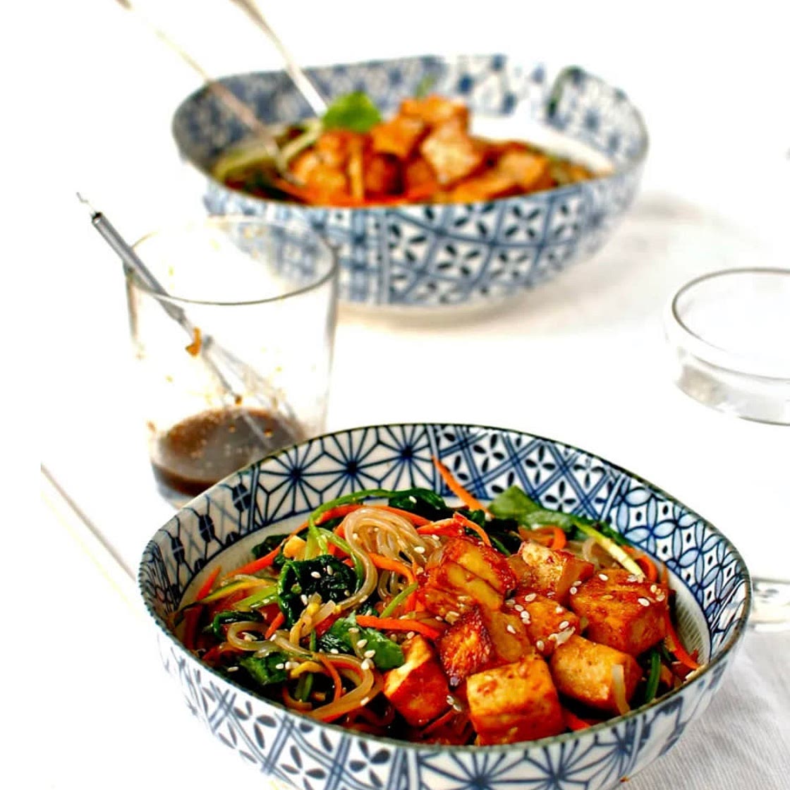Korean Sweet Potato Noodle Stir Fry (Japchae) with Marinated and
