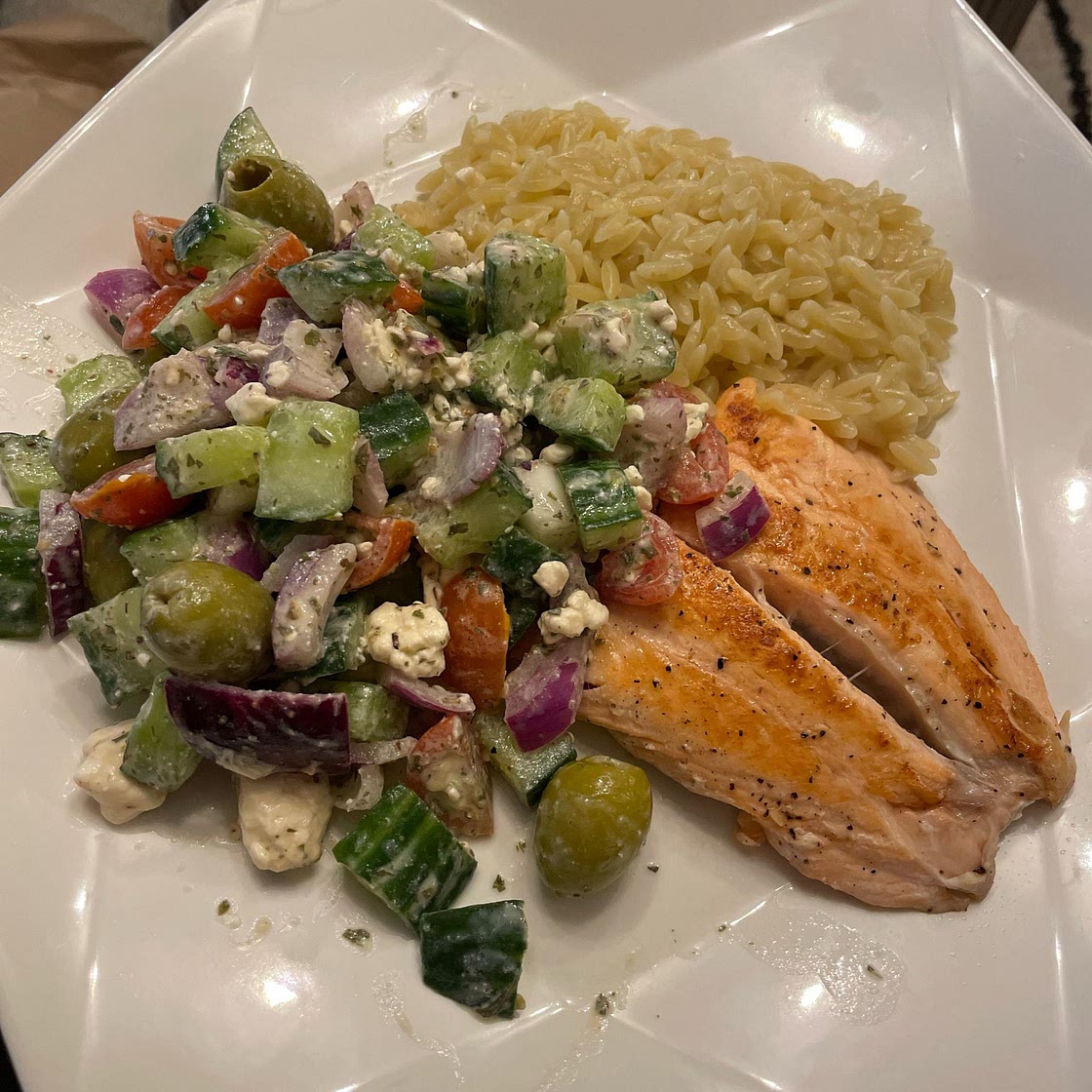 Grilled Salmon with Avocado Greek Salsa and Orzo