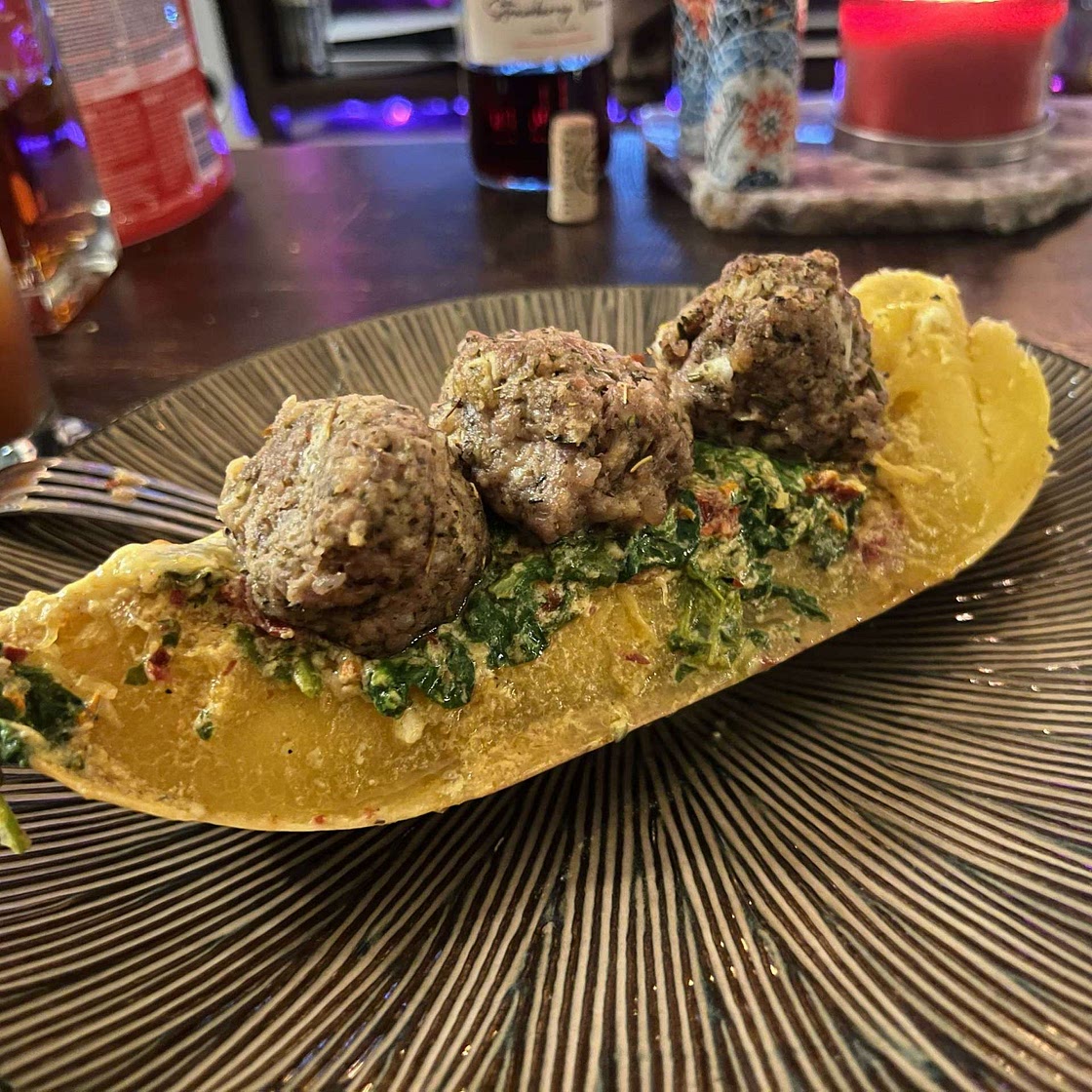 Garlic Butter Chicken Meatballs Stuffed In Spaghetti Squash: