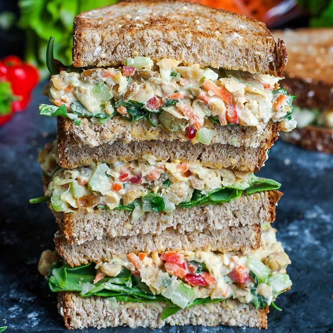 Chickpea Salad Sandwich with Roasted Vegetables and Fruit