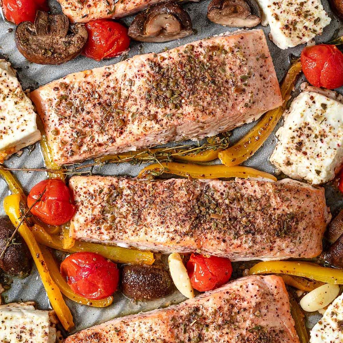 Baked Salmon with Vegetables and Feta