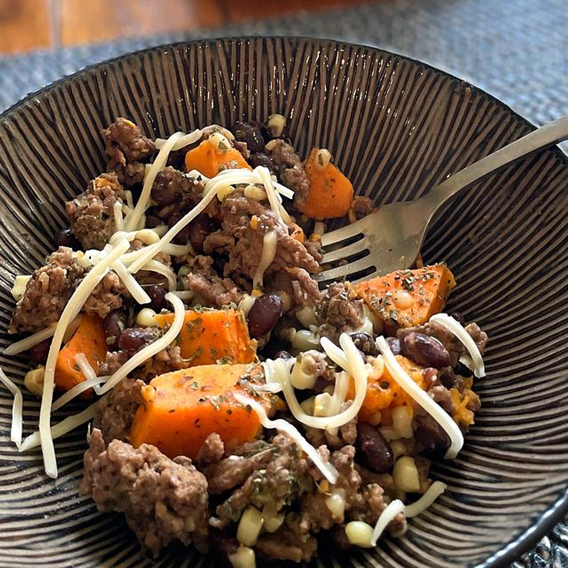 Easy Black Bean, Corn & Sweet Potato Ground Beef Burger Bowl Recipe