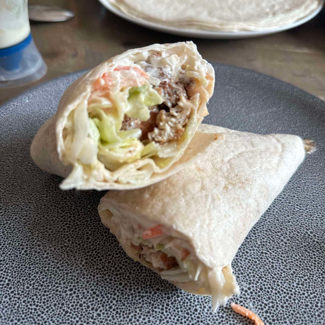 Popcorn Chicken Wrap with Sriracha/Sweet Chilli & Slaw