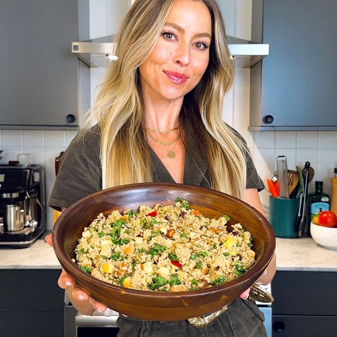 WARM QUINOA DATE AND APPLE SALAD WITH CREAMY TAHINI BALSAMIC DRE